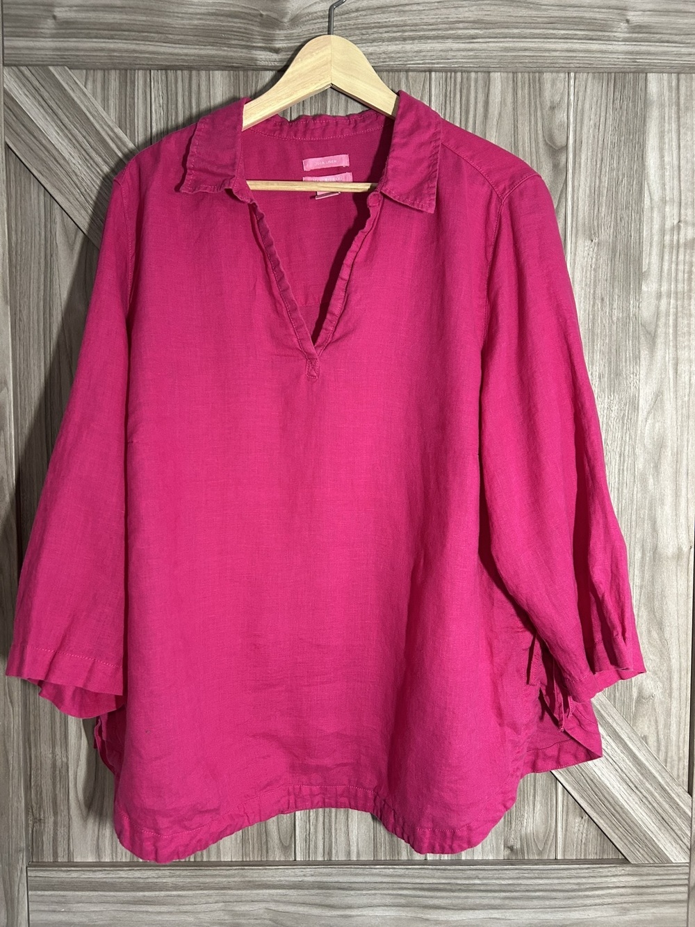 Isaac Mizrahi 100% Linen V-Neck Tunic Top Fuchsia Pink Size 1X Adjustable Ties